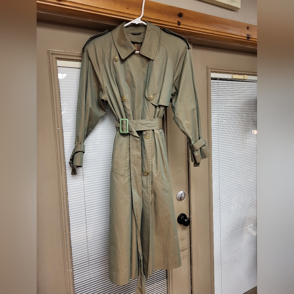 Olive Green Iridescent Trench Coat, Belted and with removable Plaid Lining.